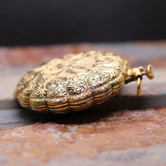 Vintage Max Factor Compact Golden Lark Pocket Watch Style Pendant Compact - Picture 5 of 10